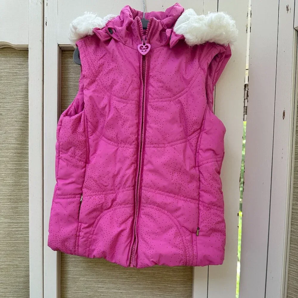 The Children's Place Pink Hooded Puffer Vest with Faux Fur Trim
